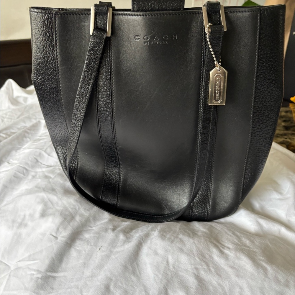 Coach Black Leather Tote with Silver Accents